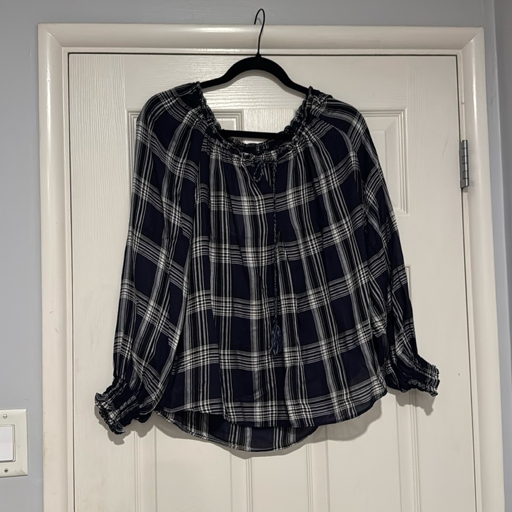 Navy and white plaid blouse